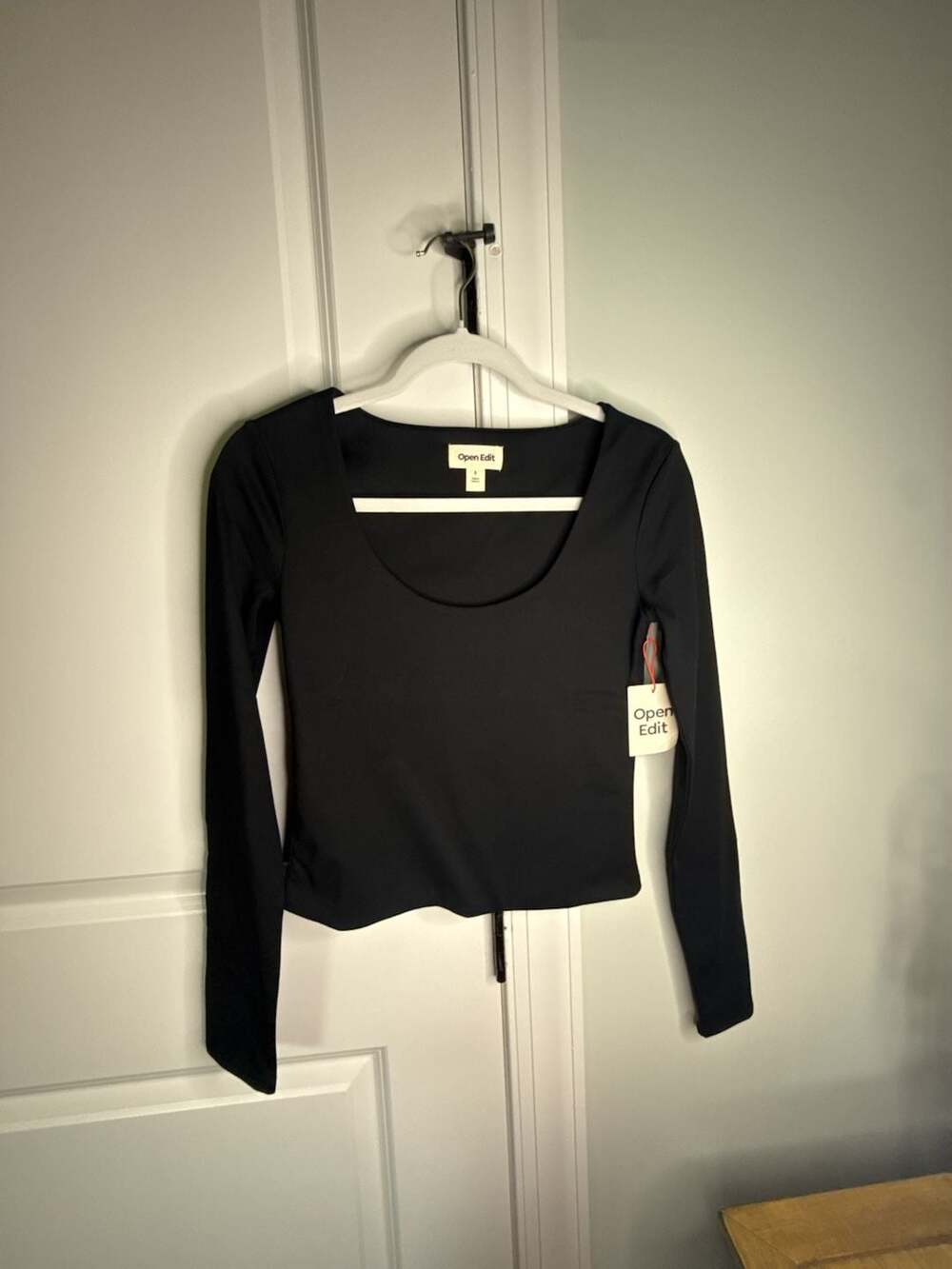 Open Edit Scoop Neck Long Sleeve Top Black